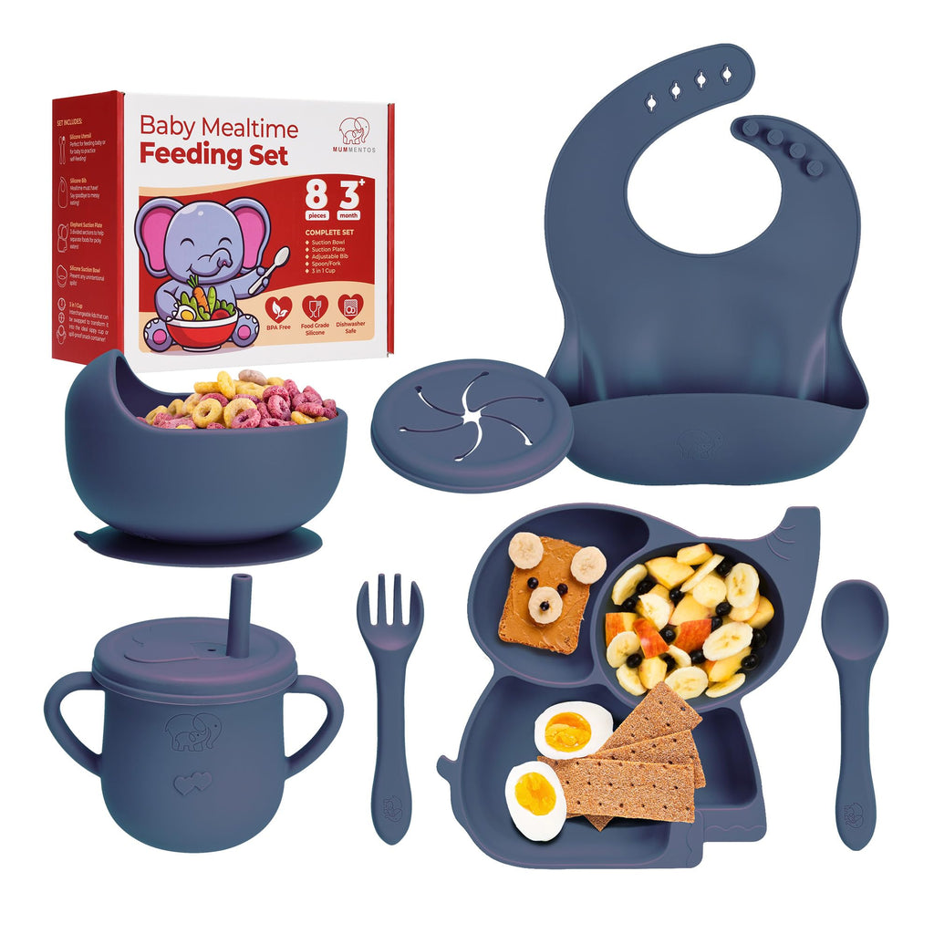 Complete Silicone Baby Feeding Set - 6+ Months Food Grade Baby Feeding Essentials | Silicone Bibs Baby Bowls and Plates 3 in 1 Baby Sippy Cup Spoons and Fork Set | Free of BPA/PVC/Lead/Phthalate