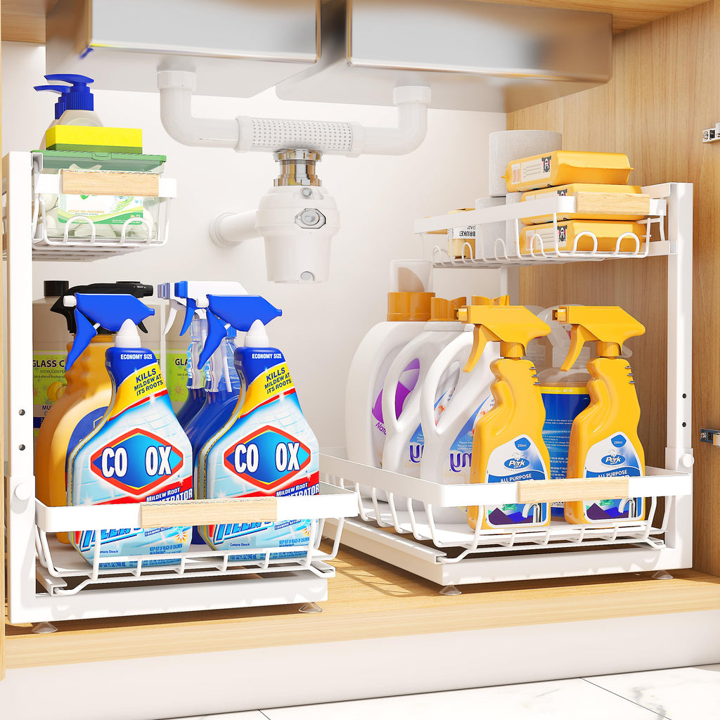 Sevenblue 2 Packs Under Sink Organizer High Adjustable 2 Tier Under Kitchen sink organizer Multi-Purpose Storage Shelf for Kitchen Bathroom Cabinet White