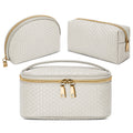 KTMOUW Makeup Bag 3 Pcs Waterproof Cosmetic Bag Set Portable Travel Cosmetic Bag Multifunction Organizer Storage Bag Weave Toiletry Bag for Women Beige